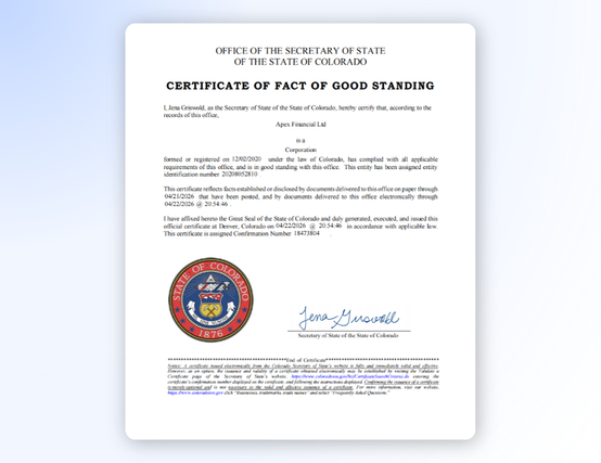 Apex Financial Ltd Colorado Certificate of Good Standing