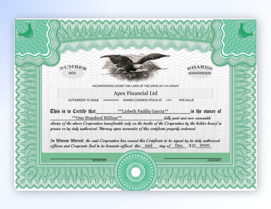 Apex Financial Ltd stock certificate