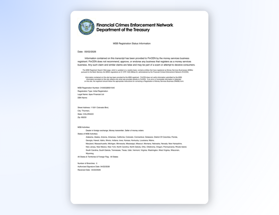 FinCEN MSB registration record for Apex Financial Ltd